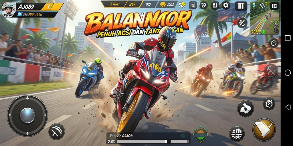 Tampilan gameplay AJO89 saat balapan motor yang mendebarkan.