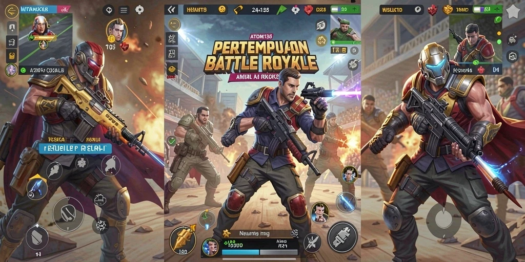 Screenshot utama ATOM138 menampilkan aksi seru di medan perang Battle Royale.