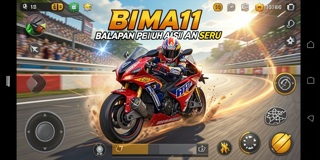 Screenshot gameplay BIMA11 menampilkan aksi balapan motor yang mendebarkan.