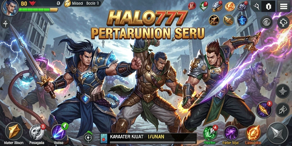 Tampilan intens pertarungan dalam HALO777 menampilkan karakter dan efek spesial.