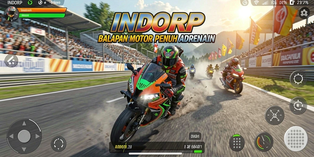 Tampilan mendebarkan dari gameplay balapan motor yang intens.