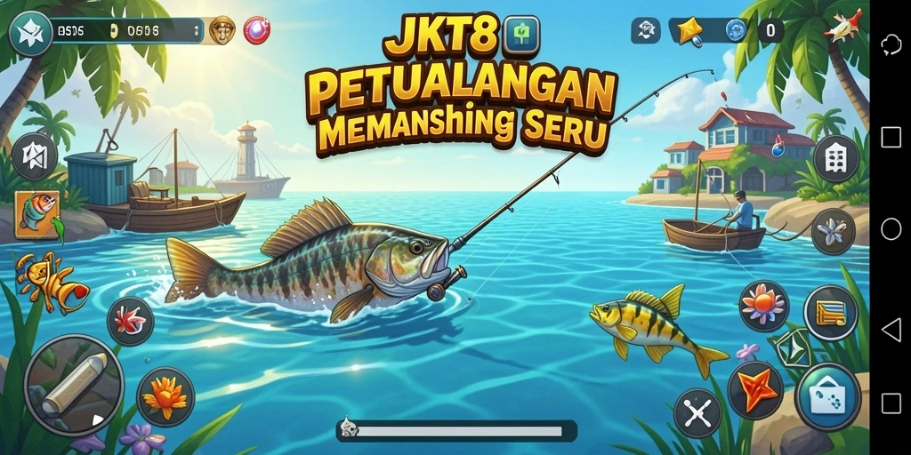 Screenshot JKT8 menampilkan aksi memancing yang mendebarkan dengan pemandangan indah.