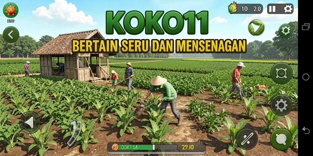 Screenshot KOKO11 dengan tampilan ladang yang subur dan tanaman yang siap panen.