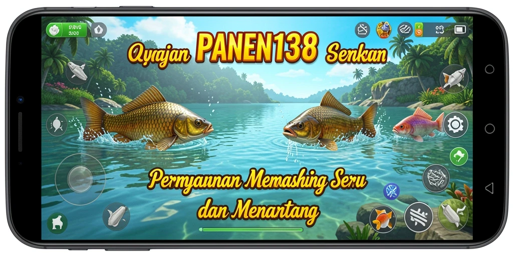Tampilan gameplay seru di <strong>PANEN138</strong> dengan pemancing menangkap ikan.
