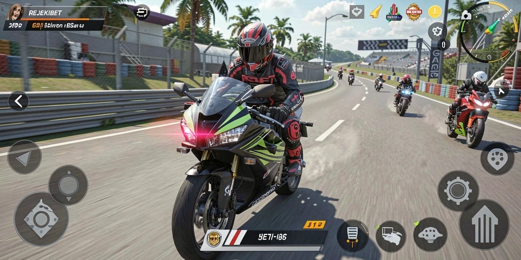 Tangkapan layar gameplay <strong>REJEKIBET</strong> menampilkan aksi balap motor yang mendebarkan.