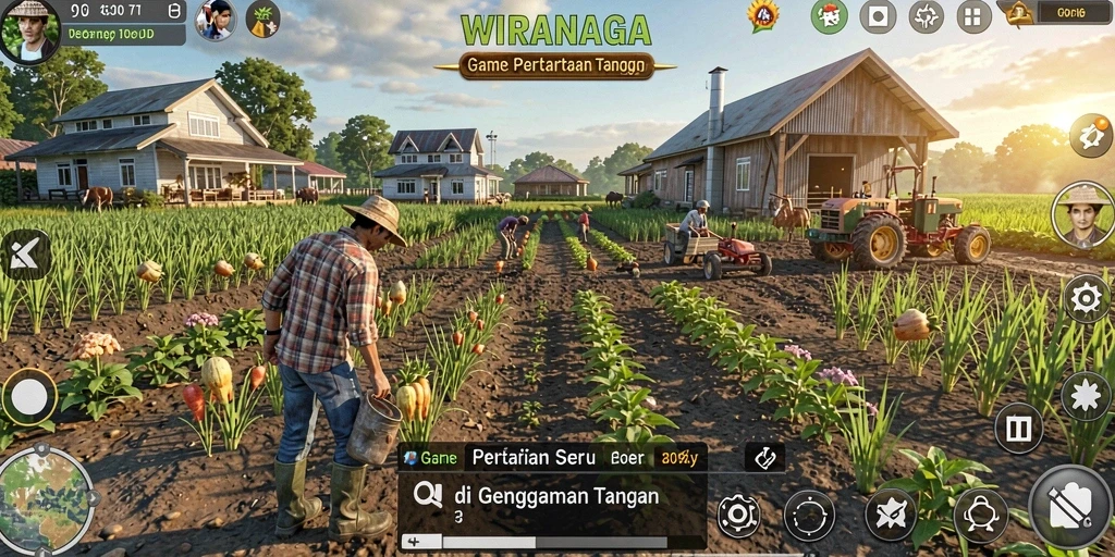 Tampilan gameplay <strong>WIRANAGA</strong> yang menampilkan aktivitas bertani.